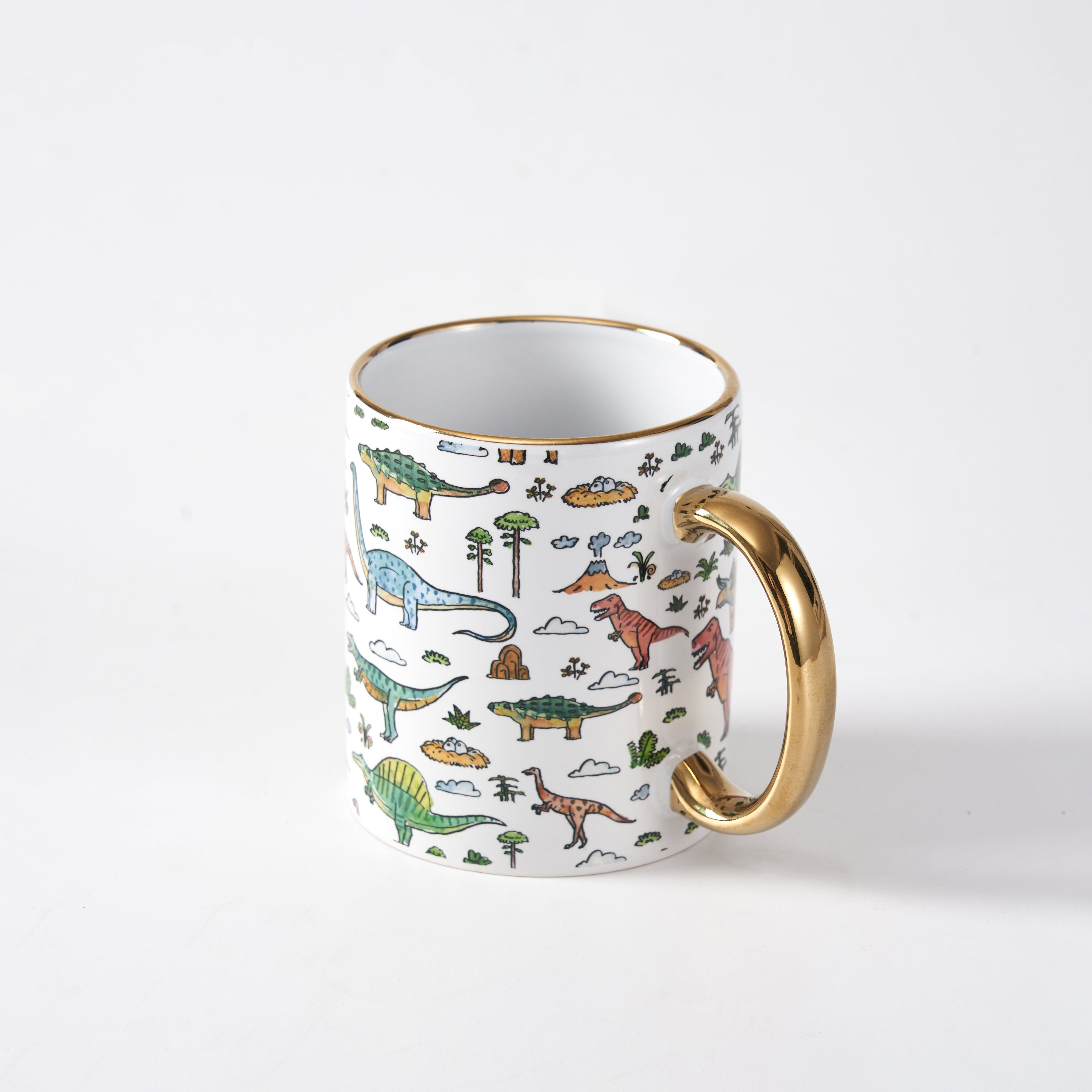 Illustrated Dinosaur Ceramic Mug with Gold Handle - White
