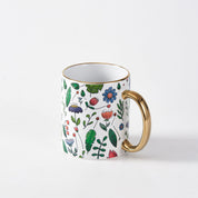 Illustrated Botanical Ceramic Mug with Gold Handle - White