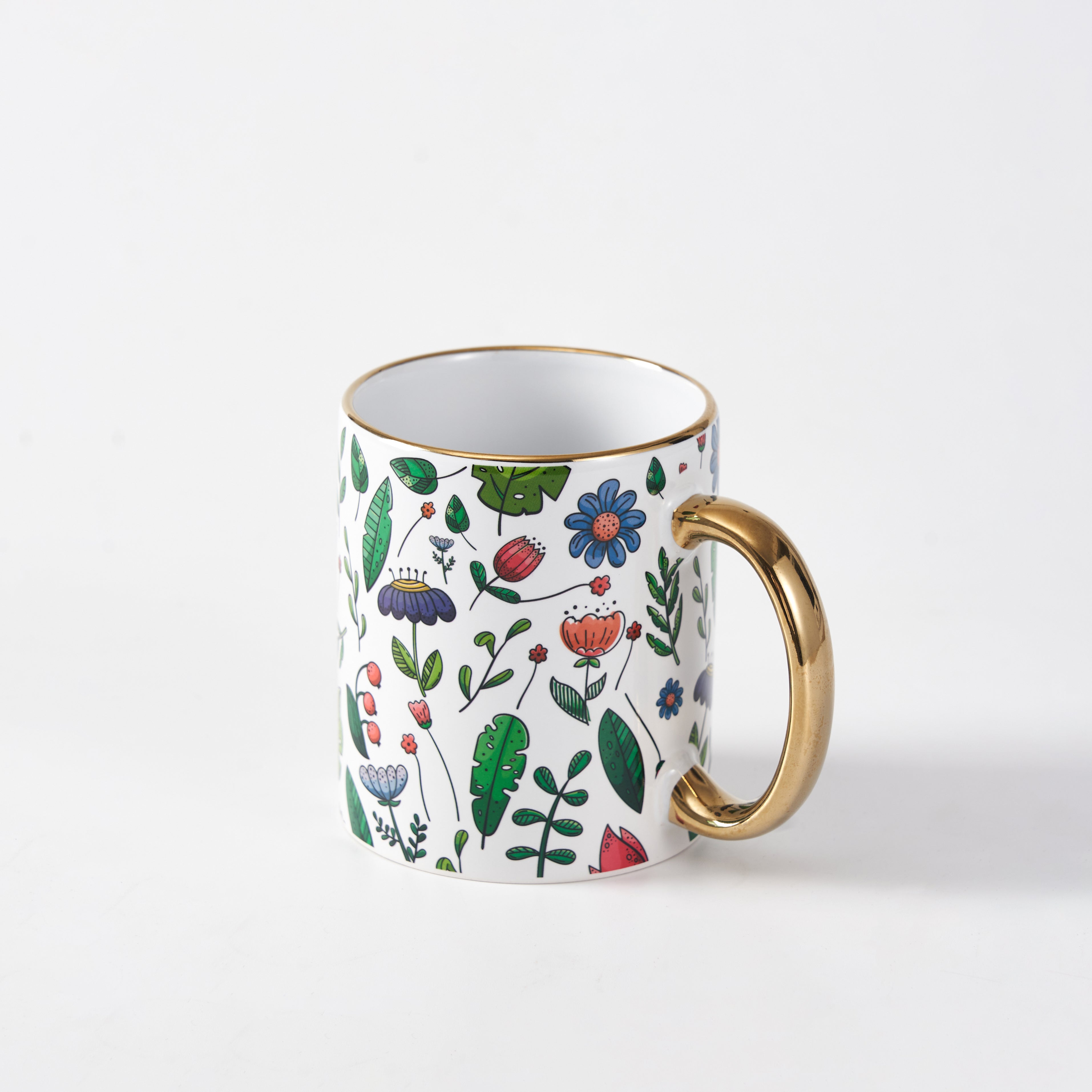 Illustrated Botanical Ceramic Mug with Gold Handle - White