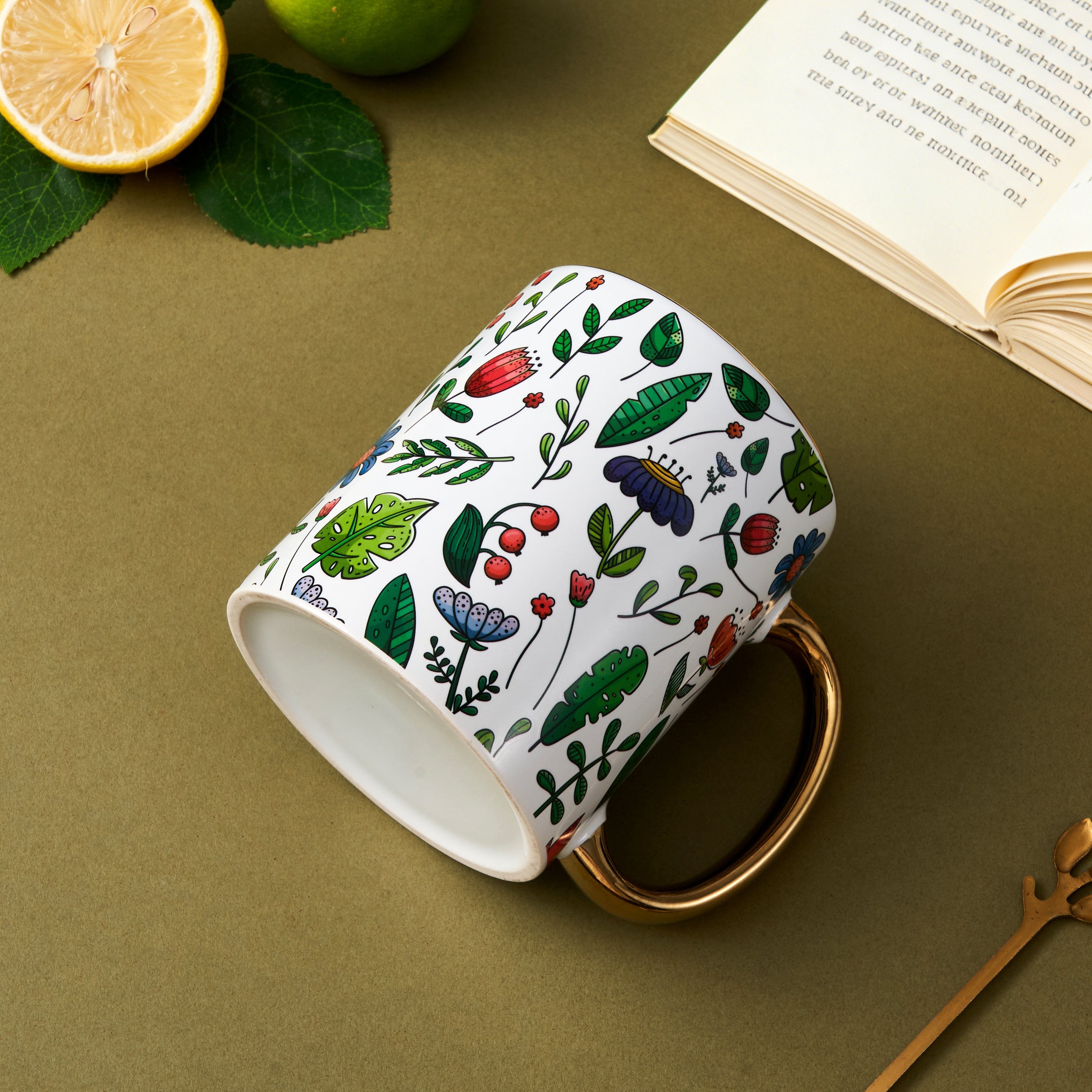 Illustrated Botanical Ceramic Mug with Gold Handle - White