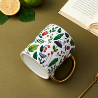 Illustrated Botanical Ceramic Mug with Gold Handle - White