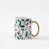 Illustrated Botanical Ceramic Mug with Gold Handle - White