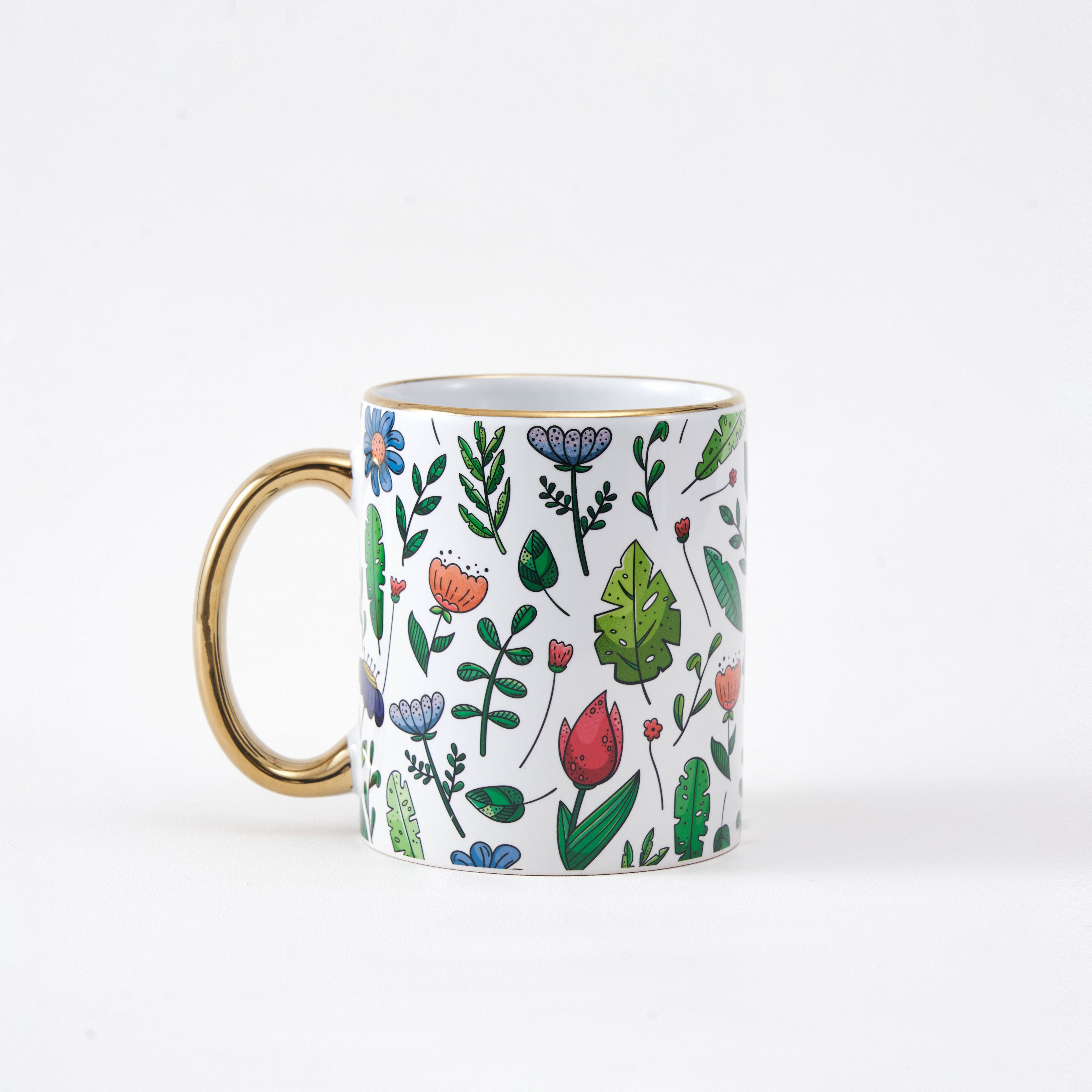 Illustrated Botanical Ceramic Mug with Gold Handle - White