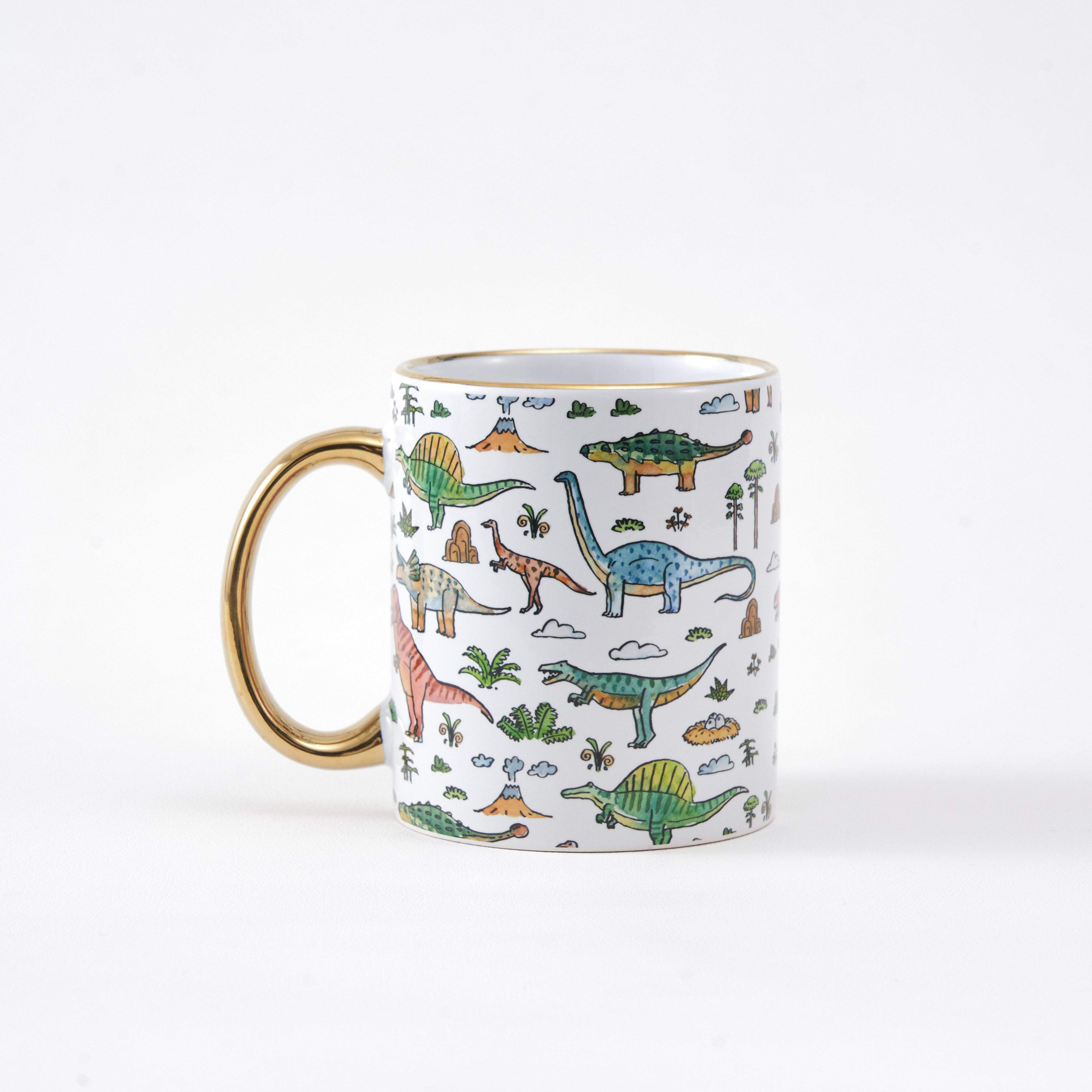 Illustrated Dinosaur Ceramic Mug with Gold Handle - White
